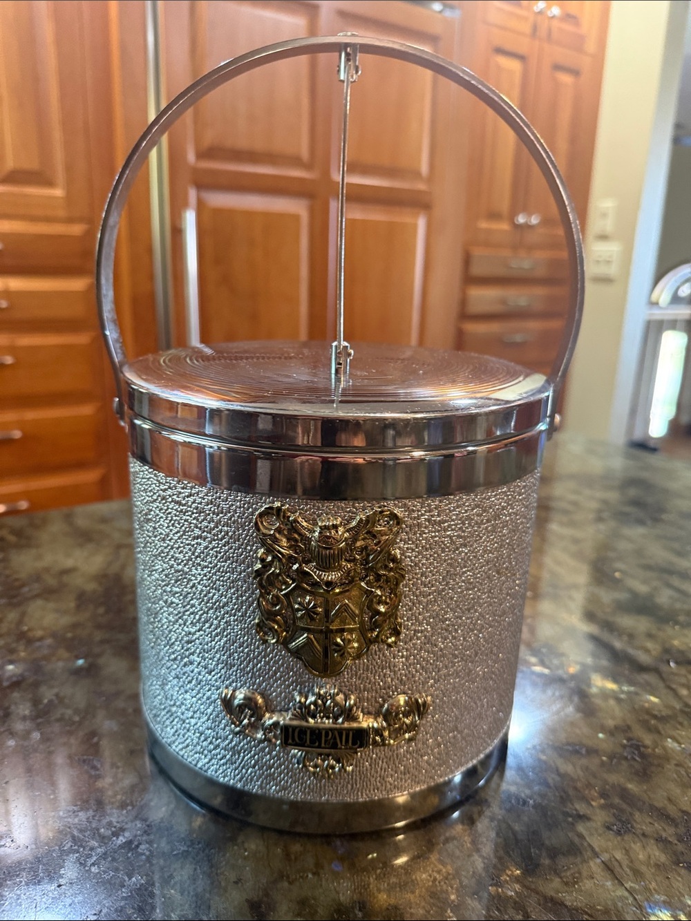 Vintage MCM Silver Heraldic Coat of Arms Ice Pail Bucket with Tongs Perfect!